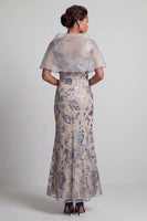Laden Sie das Bild in den Galerie-Viewer, Silberne Meerjungfrauen-Floral-V-Ausschnitt-Pailletten, langes Mutter-der-der-Braut-Kleid mit Umhang
