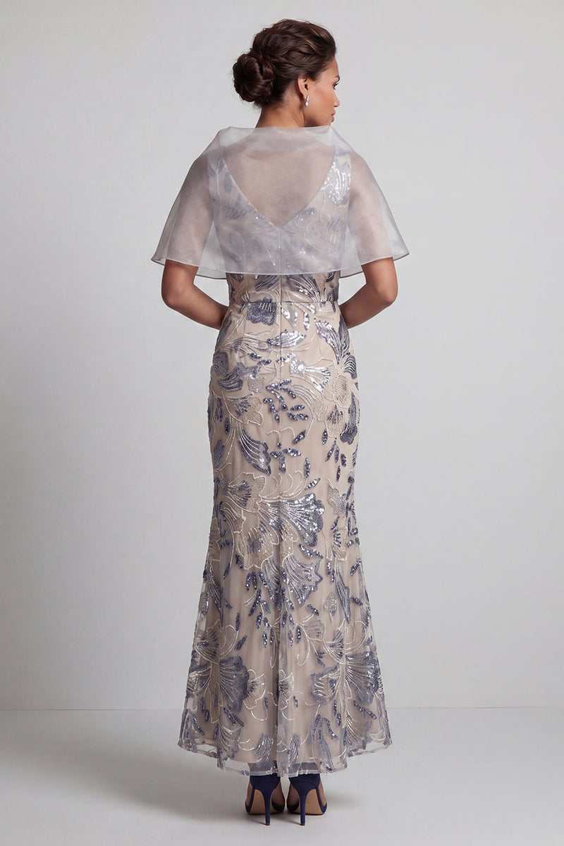 Laden Sie das Bild in den Galerie-Viewer, Silberne Meerjungfrauen-Floral-V-Ausschnitt-Pailletten, langes Mutter-der-der-Braut-Kleid mit Umhang