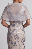 Laden Sie das Bild in den Galerie-Viewer, Silberne Meerjungfrauen-Floral-V-Ausschnitt-Pailletten, langes Mutter-der-der-Braut-Kleid mit Umhang