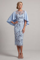 Laden Sie das Bild in den Galerie-Viewer, Bodycon Himmelblau Rundhals-Pailletten Blumenkleid Mutter der Braut mit Umhangärmeln