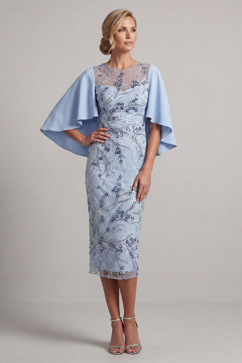 Laden Sie das Bild in den Galerie-Viewer, Bodycon Himmelblau Rundhals-Pailletten Blumenkleid Mutter der Braut mit Umhangärmeln