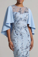 Laden Sie das Bild in den Galerie-Viewer, Bodycon Himmelblau Rundhals-Pailletten Blumenkleid Mutter der Braut mit Umhangärmeln