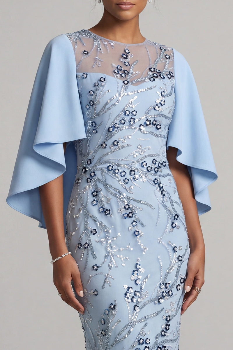 Laden Sie das Bild in den Galerie-Viewer, Bodycon Himmelblau Rundhals-Pailletten Blumenkleid Mutter der Braut mit Umhangärmeln