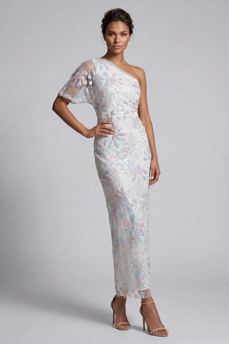 Laden Sie das Bild in den Galerie-Viewer, Weiße geblümte Pailletten-Bodycon, ein schulterlanges Mutter-der-Braut-Kleid