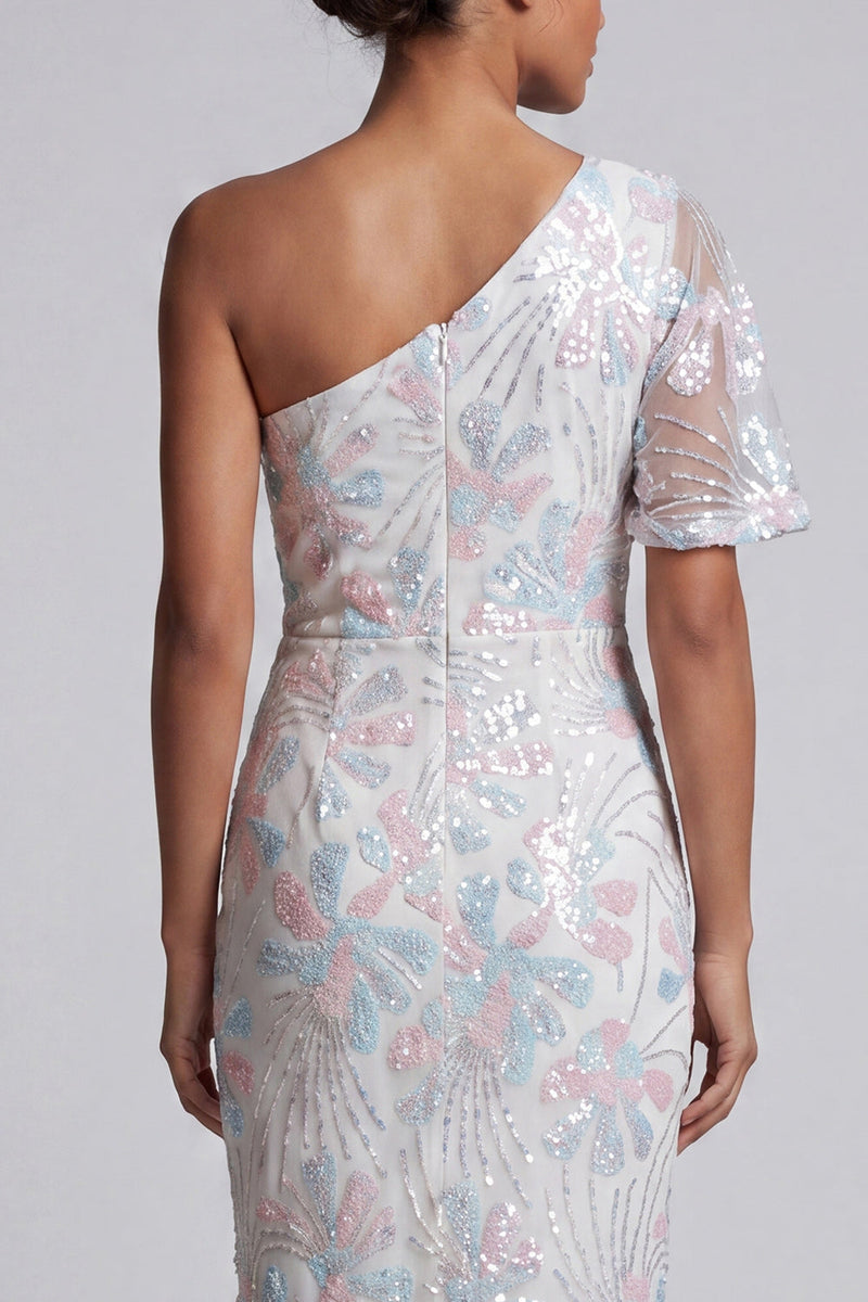 Laden Sie das Bild in den Galerie-Viewer, Weiße geblümte Pailletten-Bodycon, ein schulterlanges Mutter-der-Braut-Kleid