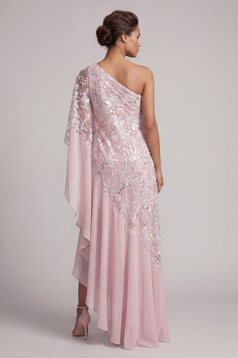 Laden Sie das Bild in den Galerie-Viewer, Rosa einschulterige Pailletten mit Rüschen – langes Mutter-der-Braut-Kleid mit Perlen