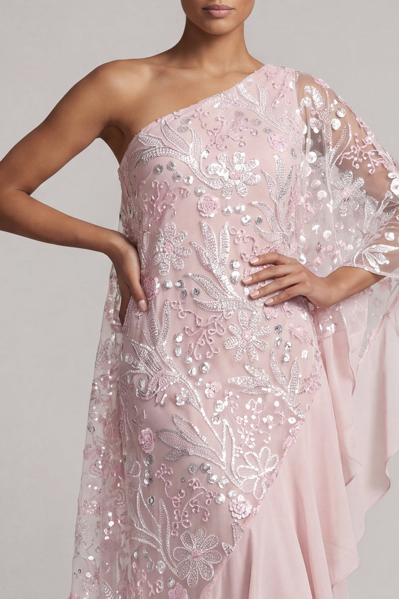 Laden Sie das Bild in den Galerie-Viewer, Rosa einschulterige Pailletten mit Rüschen – langes Mutter-der-Braut-Kleid mit Perlen