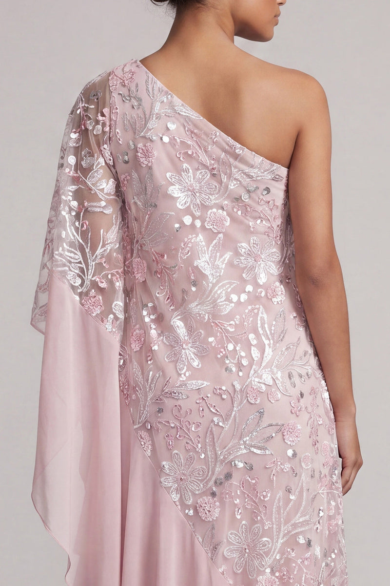 Laden Sie das Bild in den Galerie-Viewer, Rosa einschulterige Pailletten mit Rüschen – langes Mutter-der-Braut-Kleid mit Perlen