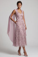 Laden Sie das Bild in den Galerie-Viewer, Nebelhals-Neckholder-Pailletten A-Linie florales Midi-Kleid Mutter der Braut mit Umhangärmeln