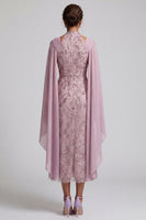 Laden Sie das Bild in den Galerie-Viewer, Nebelhals-Neckholder-Pailletten A-Linie florales Midi-Kleid Mutter der Braut mit Umhangärmeln