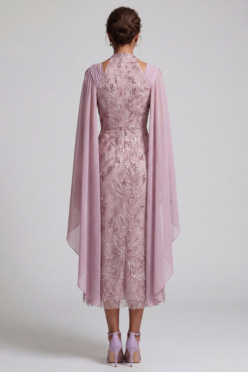 Laden Sie das Bild in den Galerie-Viewer, Nebelhals-Neckholder-Pailletten A-Linie florales Midi-Kleid Mutter der Braut mit Umhangärmeln
