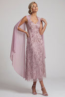 Laden Sie das Bild in den Galerie-Viewer, Nebelhals-Neckholder-Pailletten A-Linie florales Midi-Kleid Mutter der Braut mit Umhangärmeln