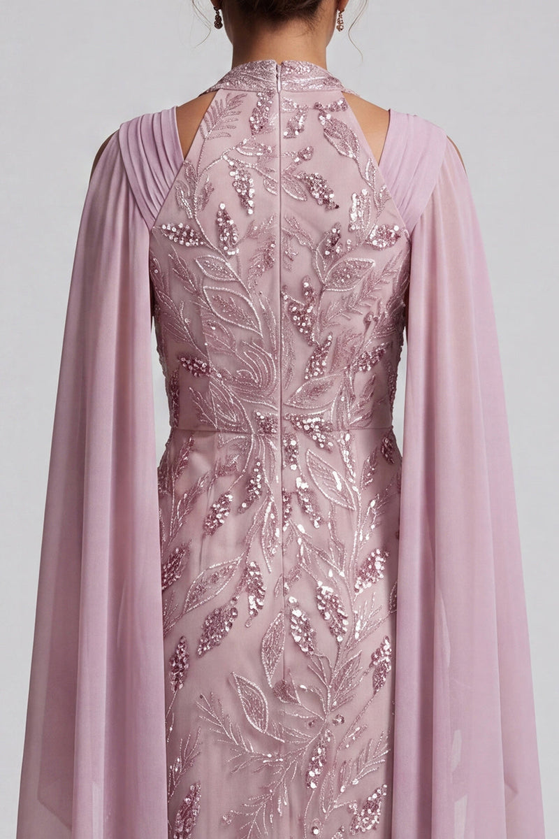 Laden Sie das Bild in den Galerie-Viewer, Nebelhals-Neckholder-Pailletten A-Linie florales Midi-Kleid Mutter der Braut mit Umhangärmeln