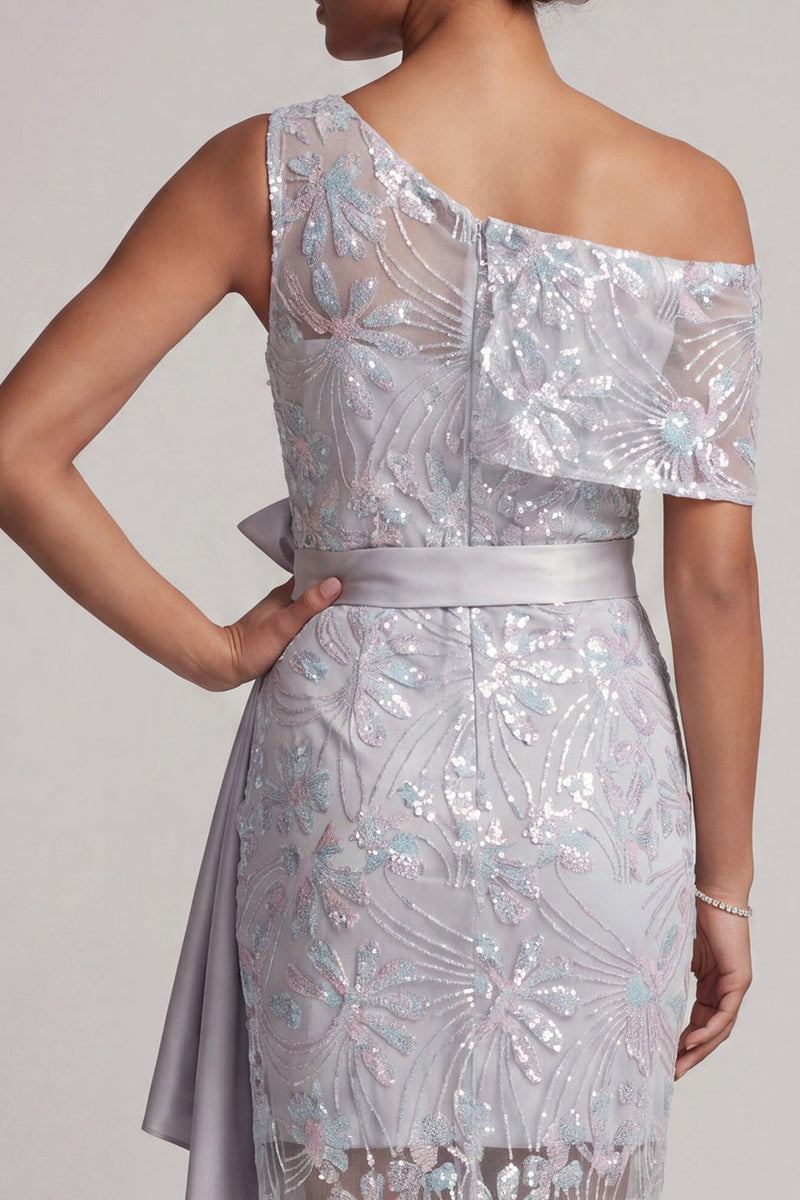 Laden Sie das Bild in den Galerie-Viewer, Einschulter-Hellgraue Pailletten Meerjungfrauen-Asymmetrisches Blumenkleid Mutter-der-Braut-Kleid mit Schärpe