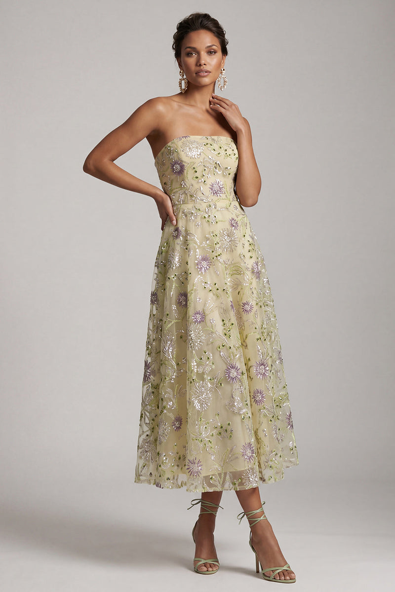 Laden Sie das Bild in den Galerie-Viewer, A-Linie staubige Salbei, trägerlose Pailletten, florale Midi-Mutter der Braut, Kleid