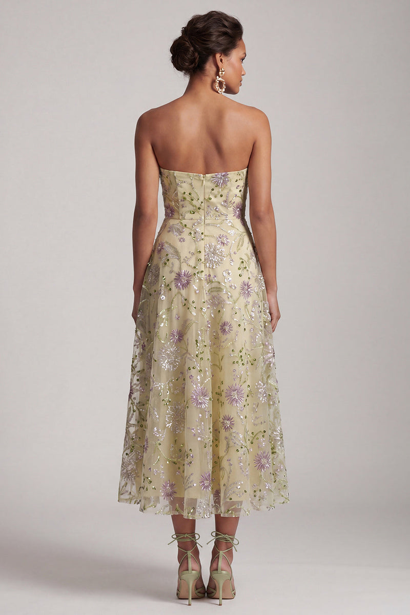 Laden Sie das Bild in den Galerie-Viewer, A-Linie staubige Salbei, trägerlose Pailletten, florale Midi-Mutter der Braut, Kleid