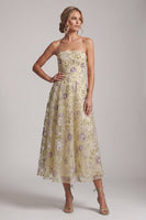 Laden Sie das Bild in den Galerie-Viewer, A-Linie staubige Salbei, trägerlose Pailletten, florale Midi-Mutter der Braut, Kleid