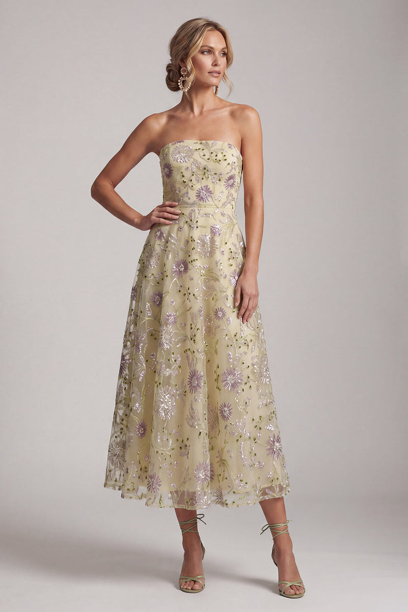 Laden Sie das Bild in den Galerie-Viewer, A-Linie staubige Salbei, trägerlose Pailletten, florale Midi-Mutter der Braut, Kleid