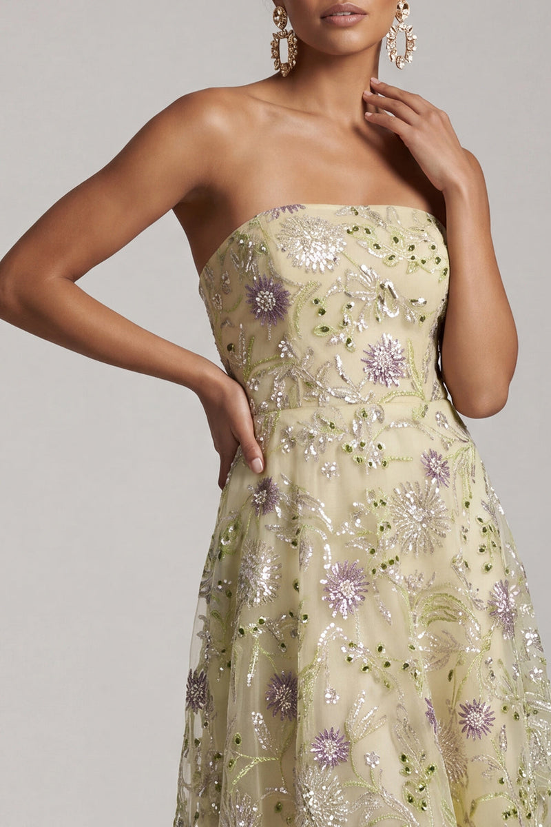 Laden Sie das Bild in den Galerie-Viewer, A-Linie staubige Salbei, trägerlose Pailletten, florale Midi-Mutter der Braut, Kleid