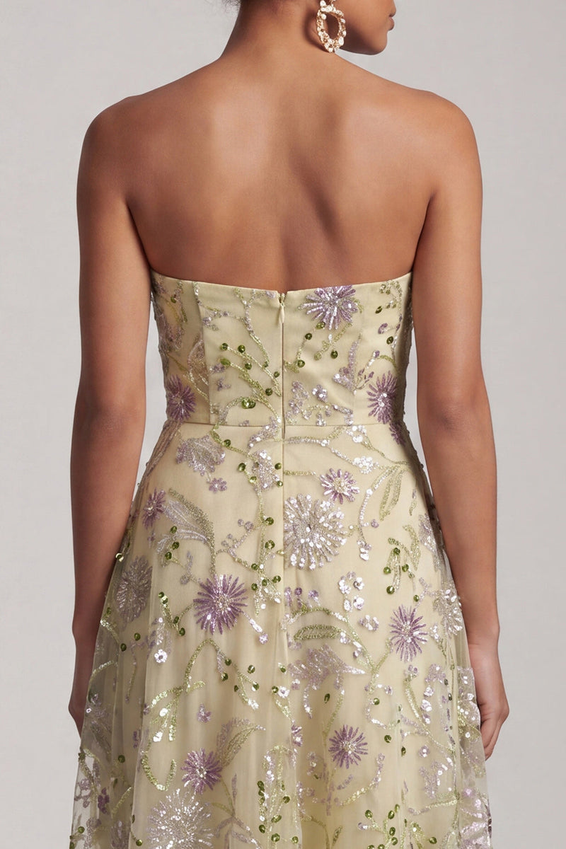 Laden Sie das Bild in den Galerie-Viewer, A-Linie staubige Salbei, trägerlose Pailletten, florale Midi-Mutter der Braut, Kleid