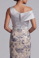 Laden Sie das Bild in den Galerie-Viewer, Silberne Bodycon-Pailletten mit Blumen, ein schulterlanges Mutter-der-Braut-Kleid mit Schlitz
