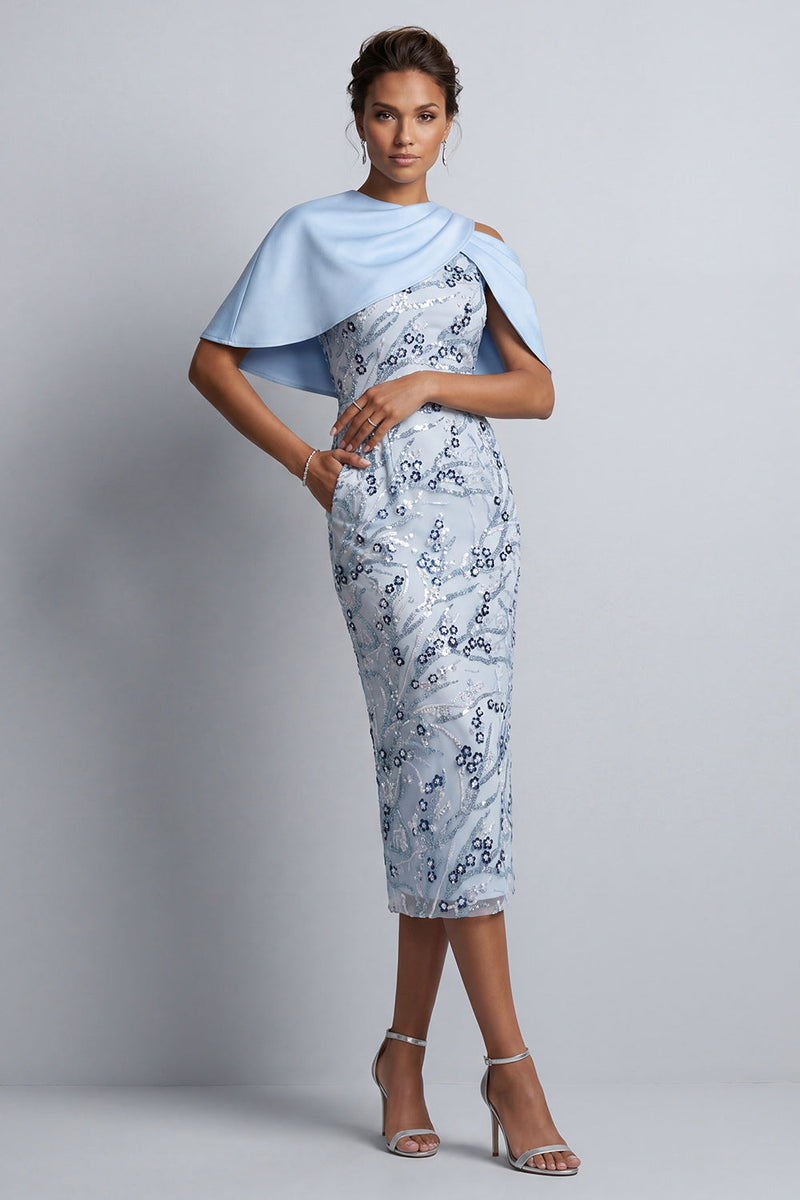 Laden Sie das Bild in den Galerie-Viewer, Himmelblaue Blumen-Bodycon-Pailletten Midi-Mutter-der-Braut-Kleid mit Taschen