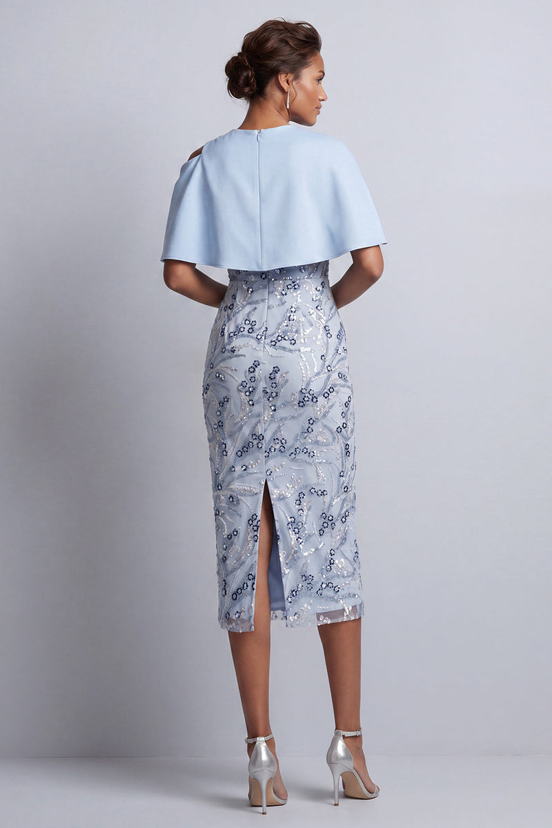Laden Sie das Bild in den Galerie-Viewer, Himmelblaue Blumen-Bodycon-Pailletten Midi-Mutter-der-Braut-Kleid mit Taschen