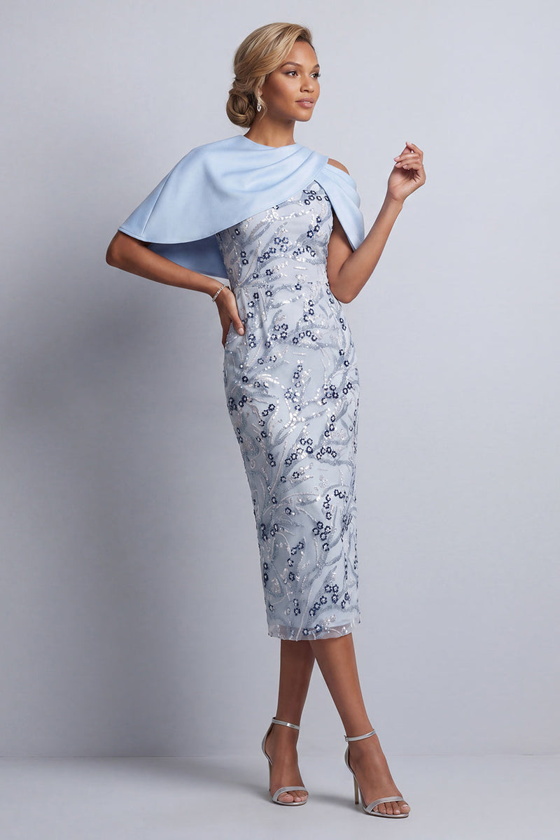 Laden Sie das Bild in den Galerie-Viewer, Himmelblaue Blumen-Bodycon-Pailletten Midi-Mutter-der-Braut-Kleid mit Taschen