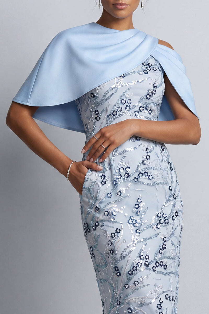 Laden Sie das Bild in den Galerie-Viewer, Himmelblaue Blumen-Bodycon-Pailletten Midi-Mutter-der-Braut-Kleid mit Taschen