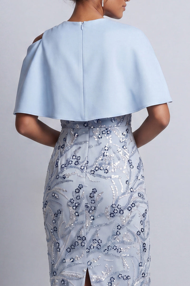 Laden Sie das Bild in den Galerie-Viewer, Himmelblaue Blumen-Bodycon-Pailletten Midi-Mutter-der-Braut-Kleid mit Taschen