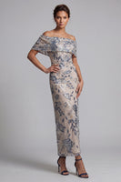 Laden Sie das Bild in den Galerie-Viewer, Marineblau, schulterlose, bodycon Pailletten, floral, langes Mutter-der-Braut-Kleid mit Schlitz