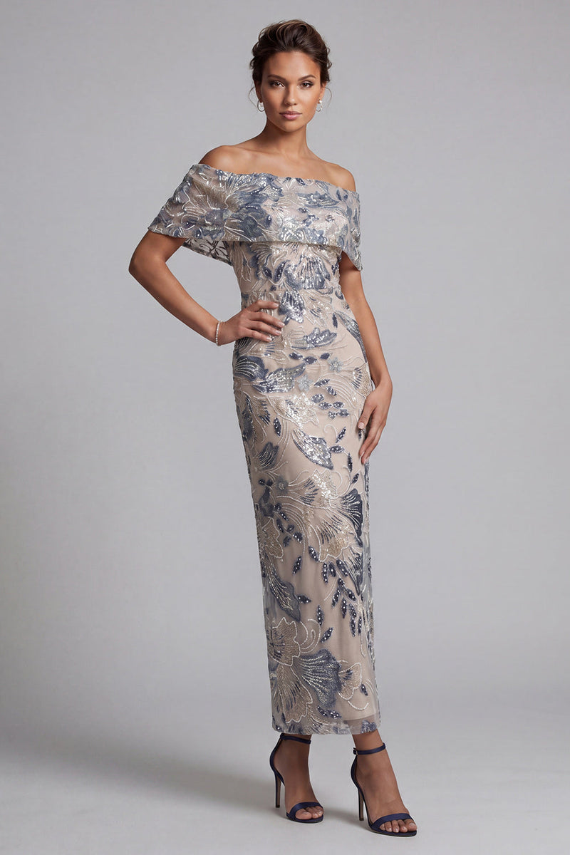 Laden Sie das Bild in den Galerie-Viewer, Marineblau, schulterlose, bodycon Pailletten, floral, langes Mutter-der-Braut-Kleid mit Schlitz