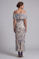 Laden Sie das Bild in den Galerie-Viewer, Marineblau, schulterlose, bodycon Pailletten, floral, langes Mutter-der-Braut-Kleid mit Schlitz