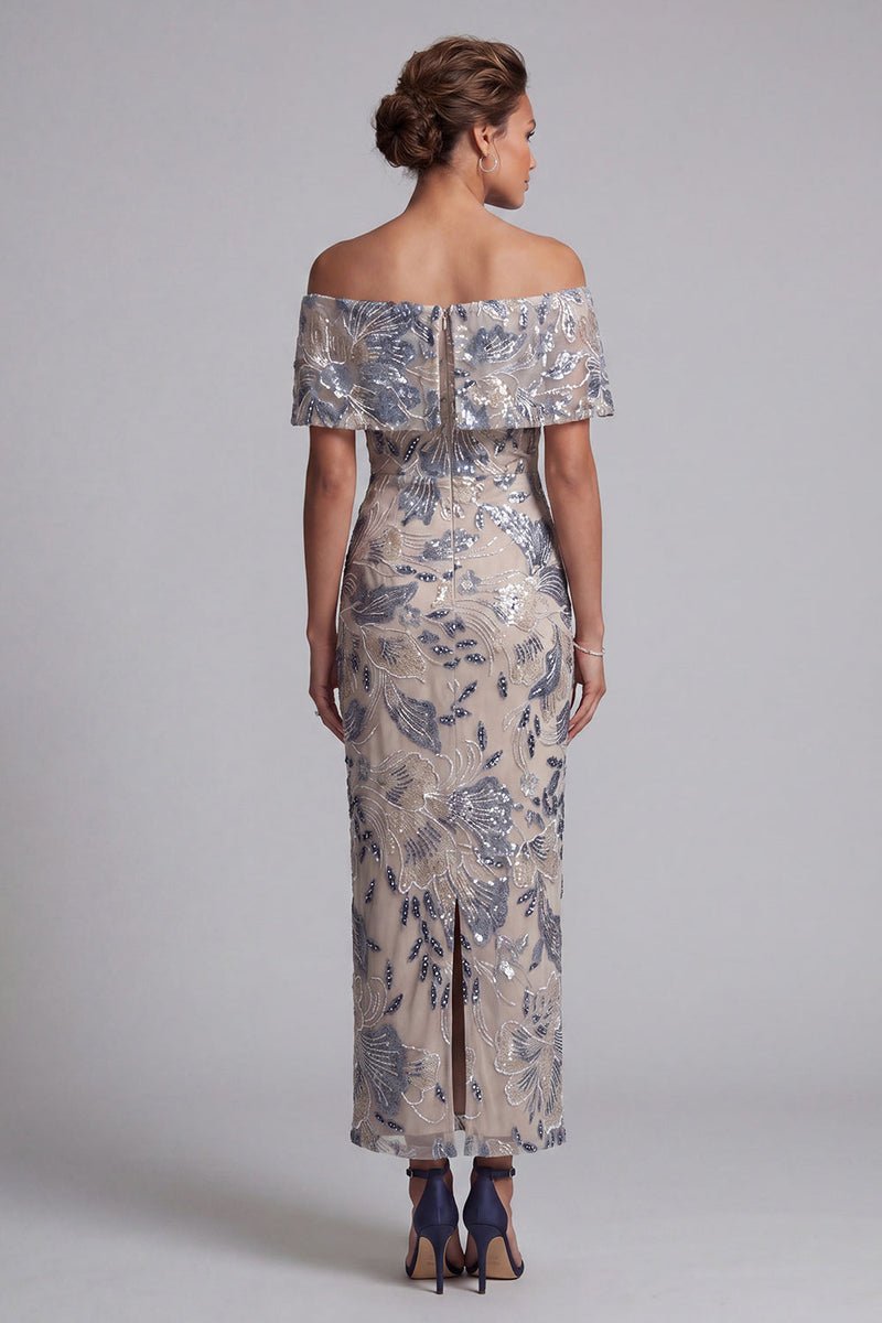Laden Sie das Bild in den Galerie-Viewer, Marineblau, schulterlose, bodycon Pailletten, floral, langes Mutter-der-Braut-Kleid mit Schlitz