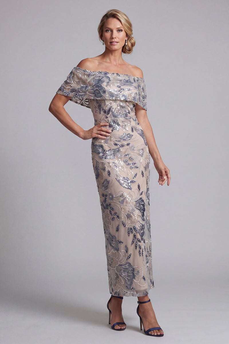 Laden Sie das Bild in den Galerie-Viewer, Marineblau, schulterlose, bodycon Pailletten, floral, langes Mutter-der-Braut-Kleid mit Schlitz