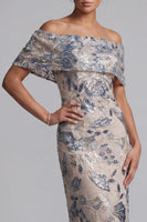 Laden Sie das Bild in den Galerie-Viewer, Marineblau, schulterlose, bodycon Pailletten, floral, langes Mutter-der-Braut-Kleid mit Schlitz