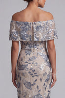 Laden Sie das Bild in den Galerie-Viewer, Marineblau, schulterlose, bodycon Pailletten, floral, langes Mutter-der-Braut-Kleid mit Schlitz