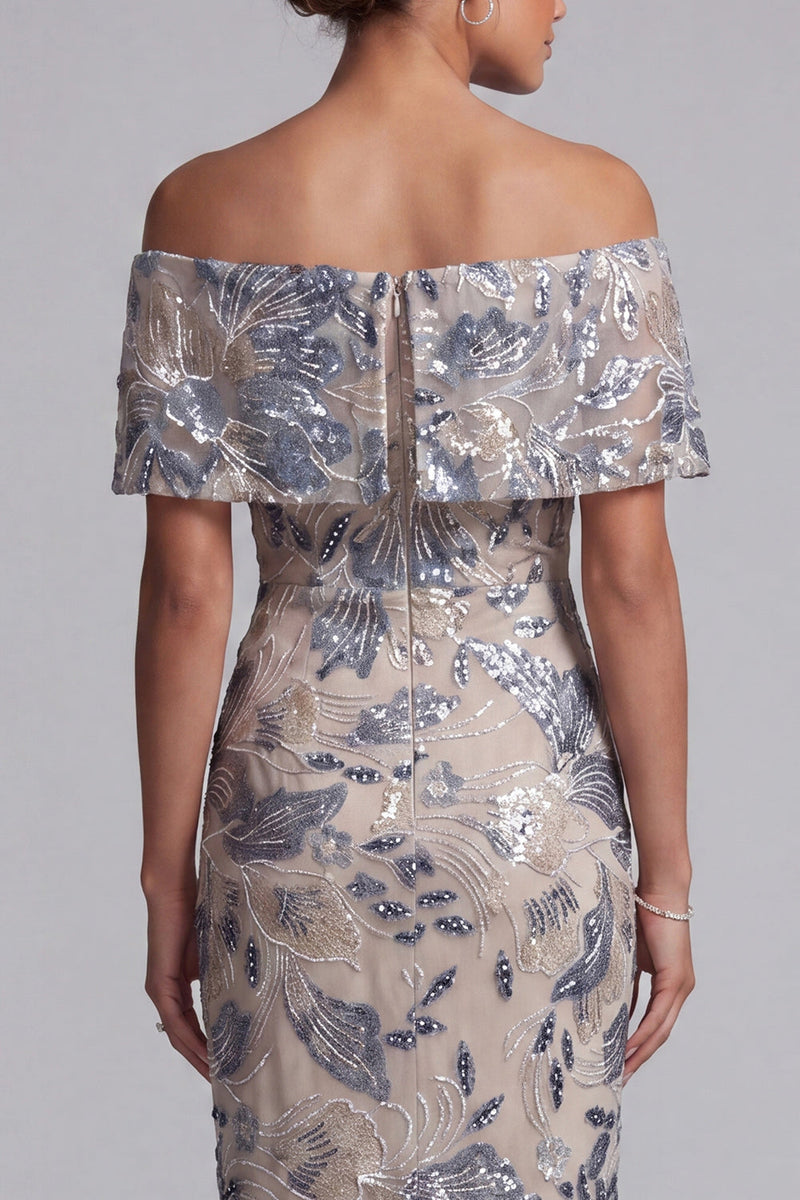 Laden Sie das Bild in den Galerie-Viewer, Marineblau, schulterlose, bodycon Pailletten, floral, langes Mutter-der-Braut-Kleid mit Schlitz