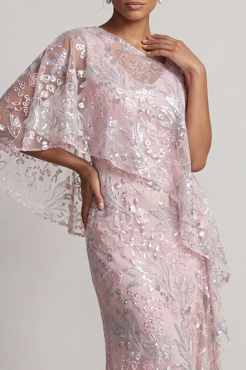 Laden Sie das Bild in den Galerie-Viewer, Rosa Einschulter-Meerjungfrauen-Pailletten, geblümtes langes Mutter-der-der-Braut-Kleid mit Umhang
