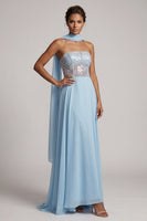 Laden Sie das Bild in den Galerie-Viewer, Trägerloses, himmelblaues, transparentes Korsett, Pailletten A-Linie Chiffon Lange Mutter-der-Braut-Kleid