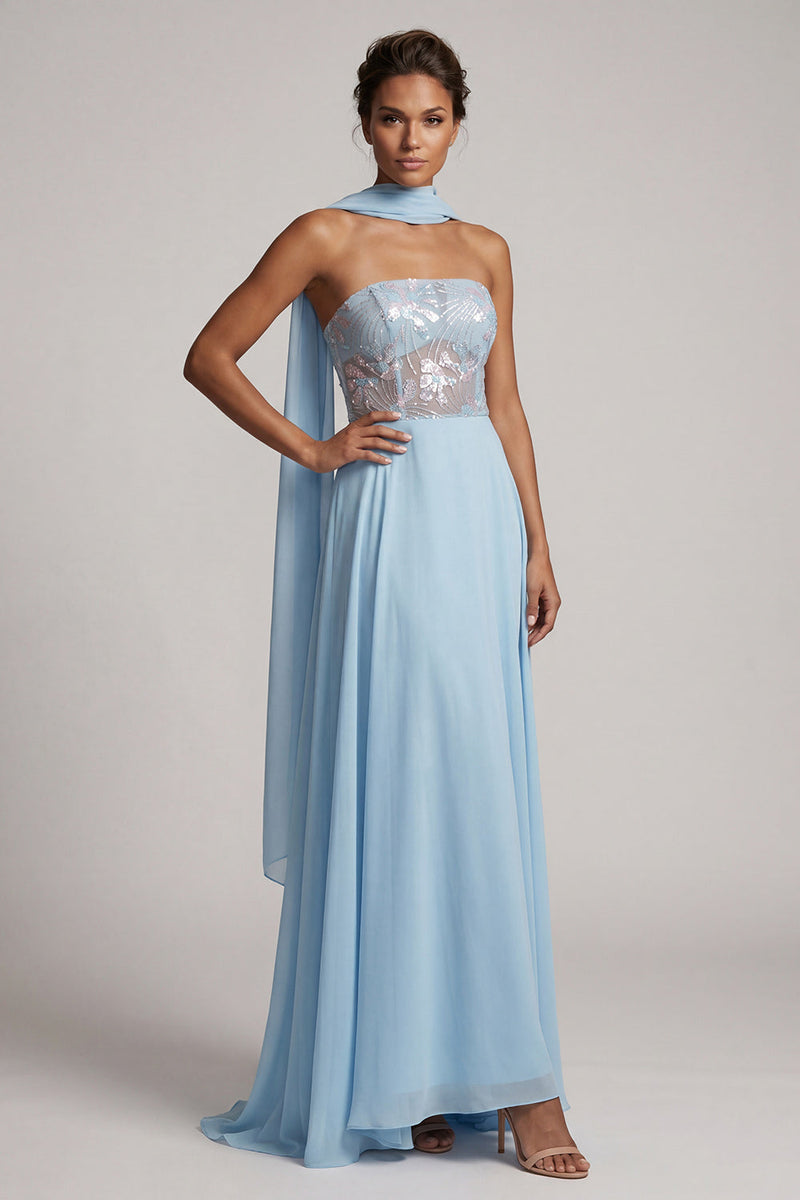 Laden Sie das Bild in den Galerie-Viewer, Trägerloses, himmelblaues, transparentes Korsett, Pailletten A-Linie Chiffon Lange Mutter-der-Braut-Kleid