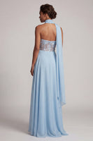 Laden Sie das Bild in den Galerie-Viewer, Trägerloses, himmelblaues, transparentes Korsett, Pailletten A-Linie Chiffon Lange Mutter-der-Braut-Kleid