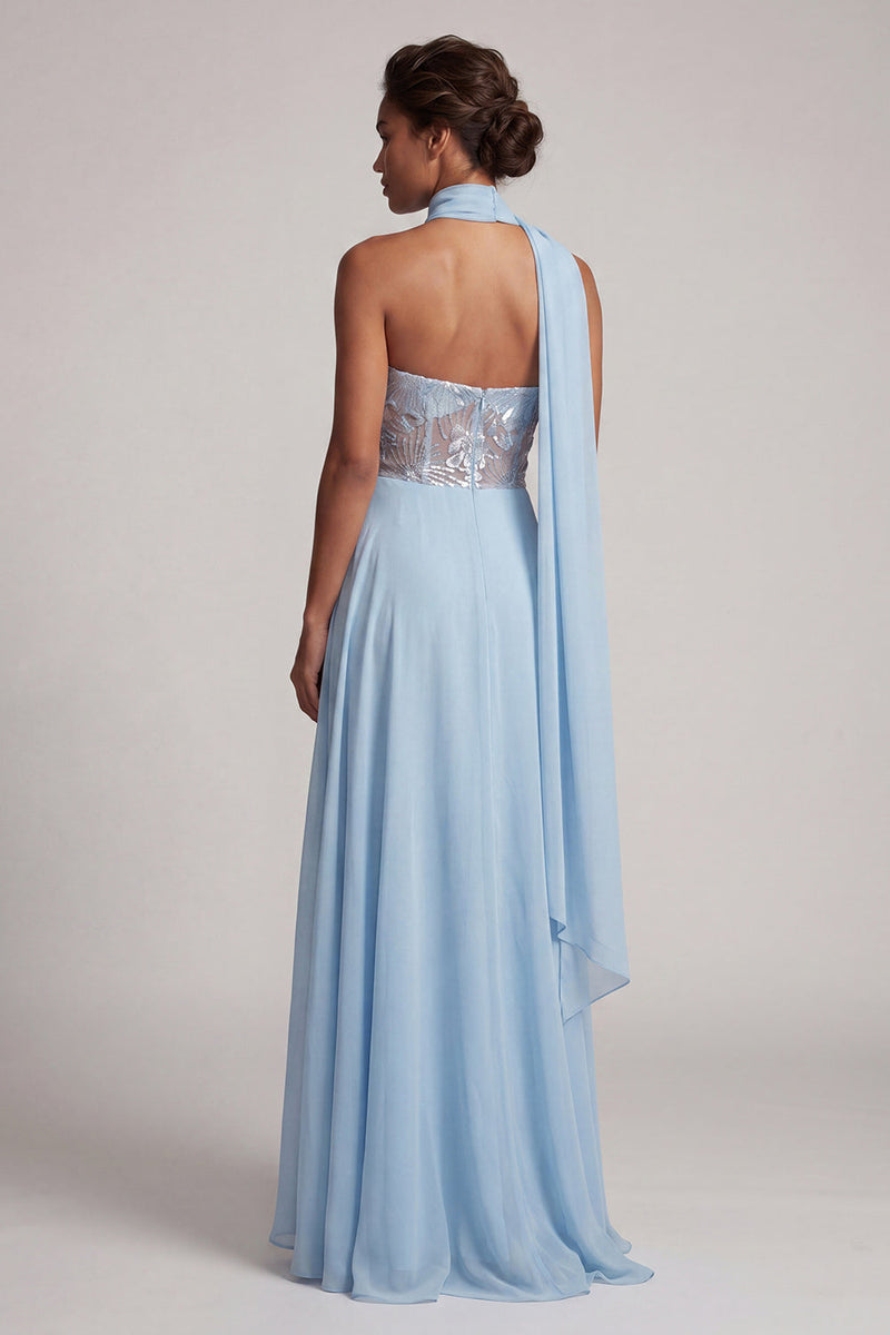 Laden Sie das Bild in den Galerie-Viewer, Trägerloses, himmelblaues, transparentes Korsett, Pailletten A-Linie Chiffon Lange Mutter-der-Braut-Kleid
