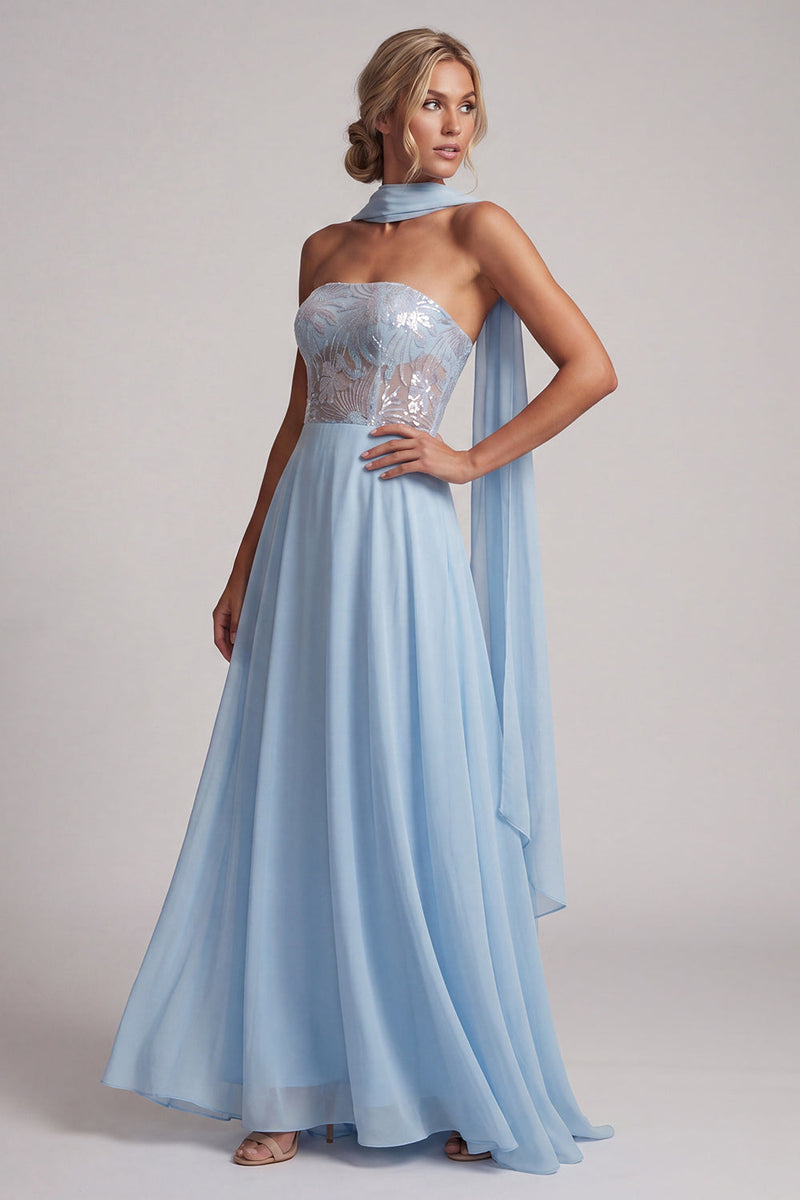 Laden Sie das Bild in den Galerie-Viewer, Trägerloses, himmelblaues, transparentes Korsett, Pailletten A-Linie Chiffon Lange Mutter-der-Braut-Kleid