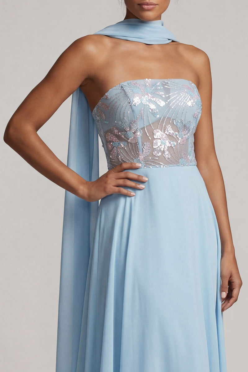 Laden Sie das Bild in den Galerie-Viewer, Trägerloses, himmelblaues, transparentes Korsett, Pailletten A-Linie Chiffon Lange Mutter-der-Braut-Kleid