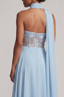 Laden Sie das Bild in den Galerie-Viewer, Trägerloses, himmelblaues, transparentes Korsett, Pailletten A-Linie Chiffon Lange Mutter-der-Braut-Kleid