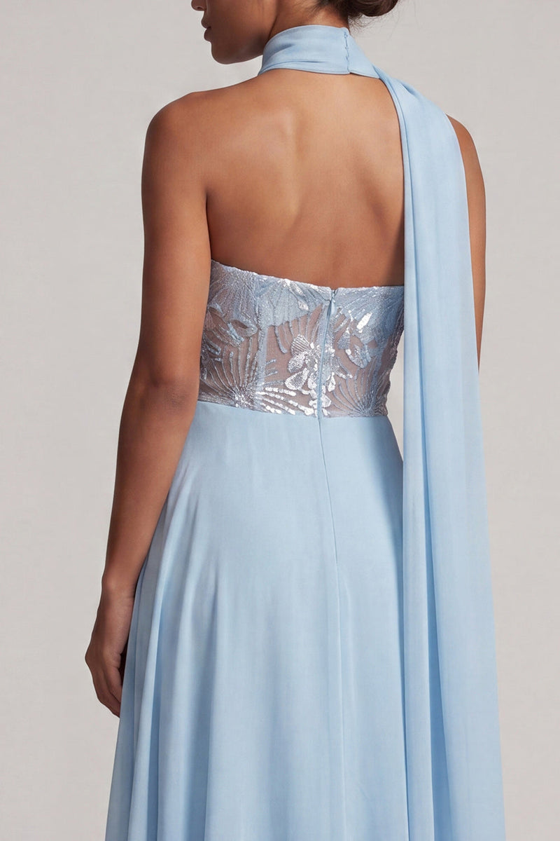 Laden Sie das Bild in den Galerie-Viewer, Trägerloses, himmelblaues, transparentes Korsett, Pailletten A-Linie Chiffon Lange Mutter-der-Braut-Kleid