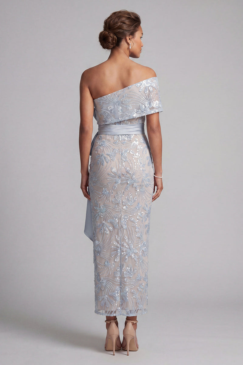 Laden Sie das Bild in den Galerie-Viewer, Staubiges blaues Bodycon-Pailletten, geblümtes langes Mutter-der-der-Braut-Kleid mit Schleife