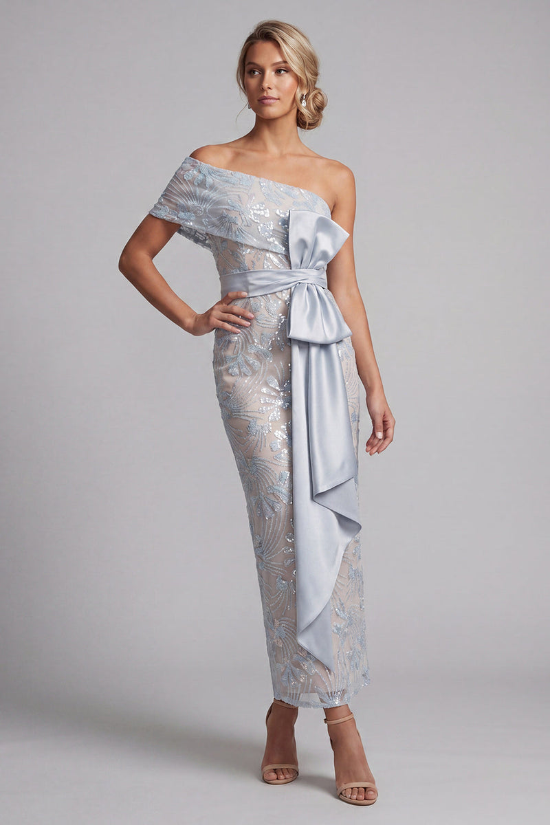Laden Sie das Bild in den Galerie-Viewer, Staubiges blaues Bodycon-Pailletten, geblümtes langes Mutter-der-der-Braut-Kleid mit Schleife