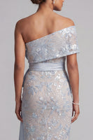 Laden Sie das Bild in den Galerie-Viewer, Staubiges blaues Bodycon-Pailletten, geblümtes langes Mutter-der-der-Braut-Kleid mit Schleife